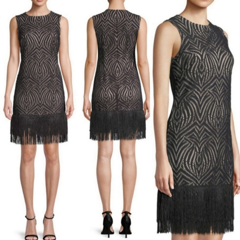 🆕️⬇️🎉HOST PICK🎉 Julia Jordan Black Fringed Hem Lace Shift Dress - Picture 2 of 9